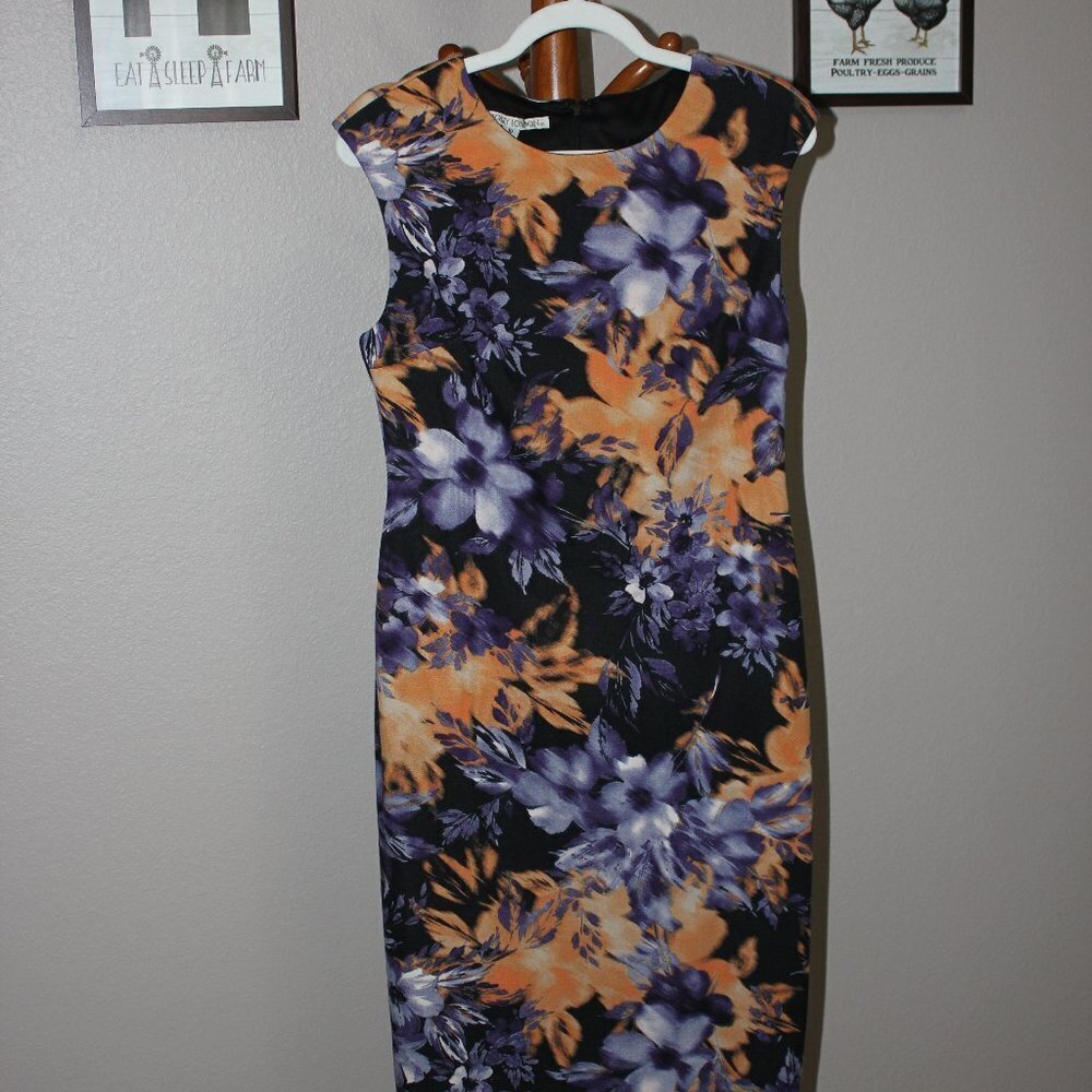 Maggy London Sleeveless Dress Floral Blue Orange Black Size 10 Stretch Comfy